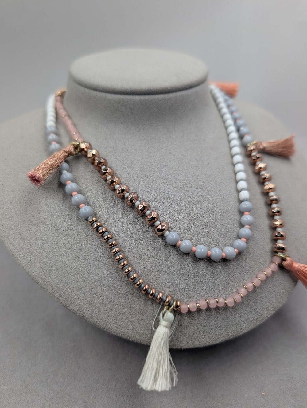 J.Crew Long Beaded Tassel Necklace Blush Gray Rose Gold | 0133